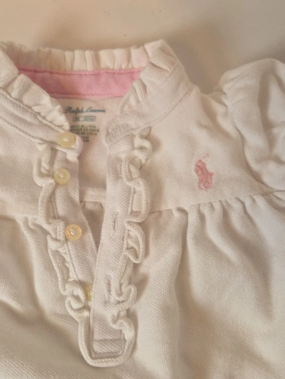Ralph Lauren White Baby Polo Top with Pink Pony Embroidery